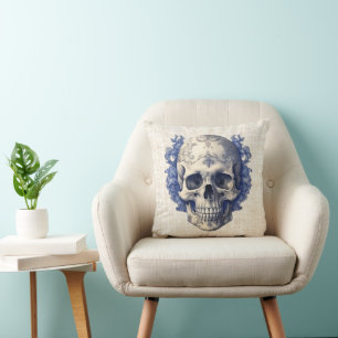 Coussin Crâne avec fleurs bleues Burlap Halloween
