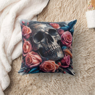 Coussin Crâne avec Roses et Bluebird