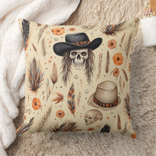 Coussin Crâne Cowboy et Citrouille Boho Motif sans couture