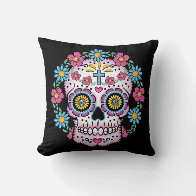 Coussin Crâne de Dia de los Muertos Sugar (Recto)