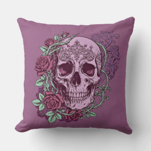 Coussin Crâne de Lavande avec Motif Gothique de Roses