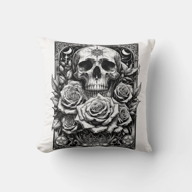 Coussin Crâne de squelette à pentacle et roses d'art de ta (Recto)