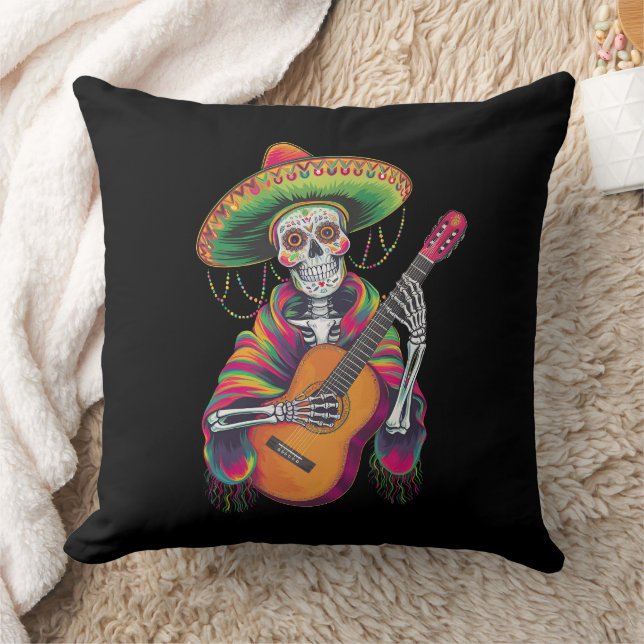 Coussin Crâne de squelette de la fête Cinco De Mayo Guitar (Couverture)
