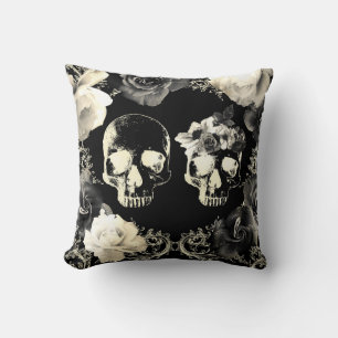 Coussin Crâne de squelette gothique gris crème noir Glam