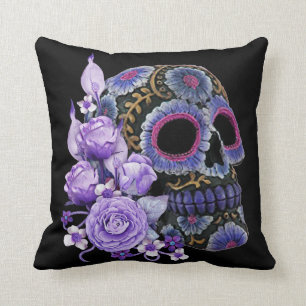 Coussin Crâne de sucre noir violet Floral Jour des morts