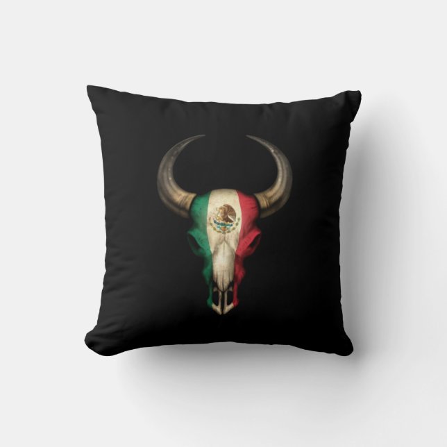Coussin Crâne de Taureau de drapeau mexicain sur le noir (Recto)