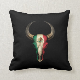 Coussin Crâne de Taureau de drapeau mexicain sur le noir