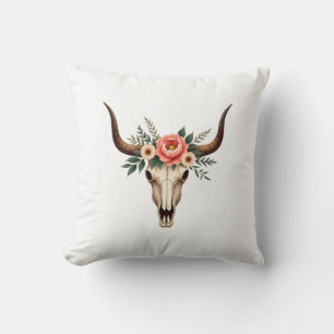 Coussin Crâne de taureau floral vintage Bohème occidental