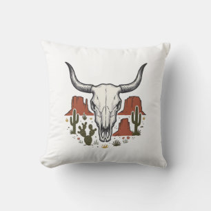 Coussin Crâne de vache du désert Art vintage Cactus Sud-Ou