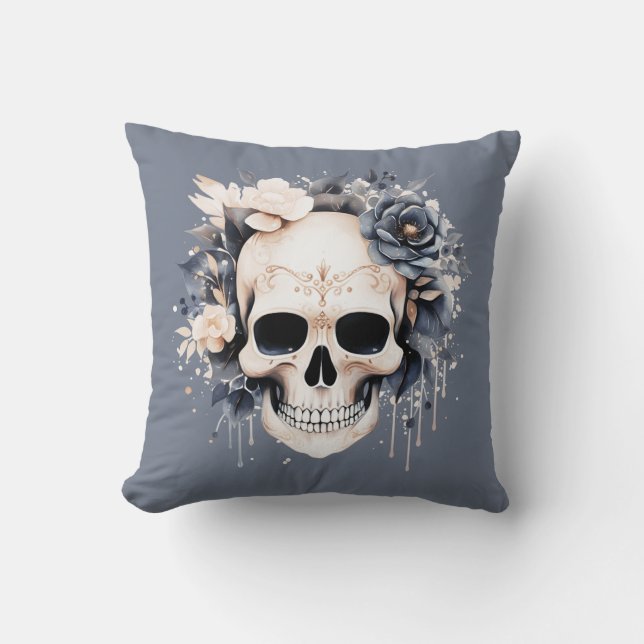 Coussin Crâne Décoré Fleurs Bleues et Blanches Halloween (Recto)