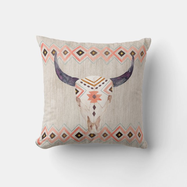 Coussin Crâne du sud-ouest de boeuf et motif tribal (Recto)