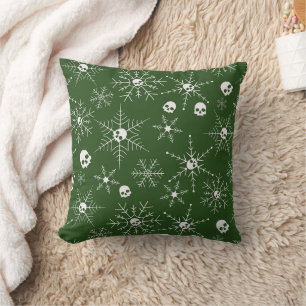Coussin Crâne effrayant Creepmas Noël Snowflakes vert
