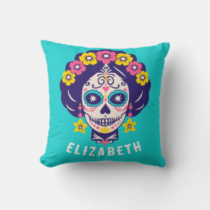 Coussin Crâne en sucre fleuri lumineux personnalisé révers