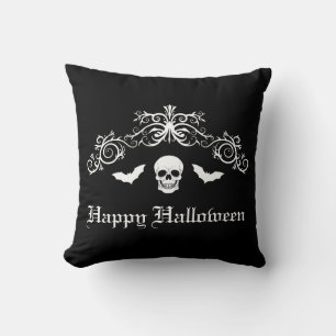 Coussin Crâne et chauves-souris silhouette Joyeux Hallowee