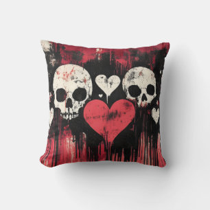 Coussin Crâne et Coeurs Grunge - Art rouge et noir gras