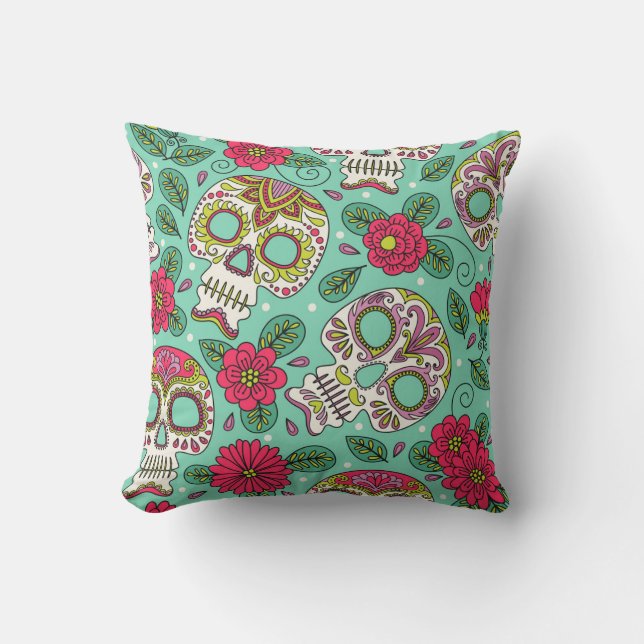 Coussin Crâne et fleurs mexicaines, sans soudure. (Recto)