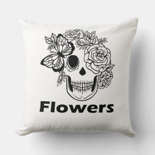 Coussin Crâne et fleurs noir et blanc