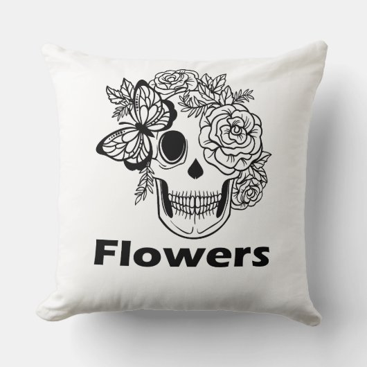 Coussin Crâne et fleurs noir et blanc (Recto)