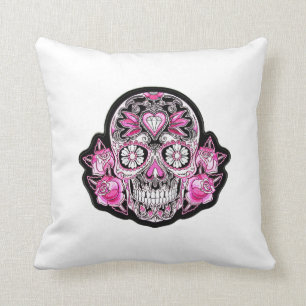 Coussin Crâne et roses roses de sucre