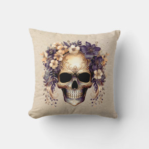 Coussin Crâne Fleuris Argent et Or sur Toile de Jute Hallo