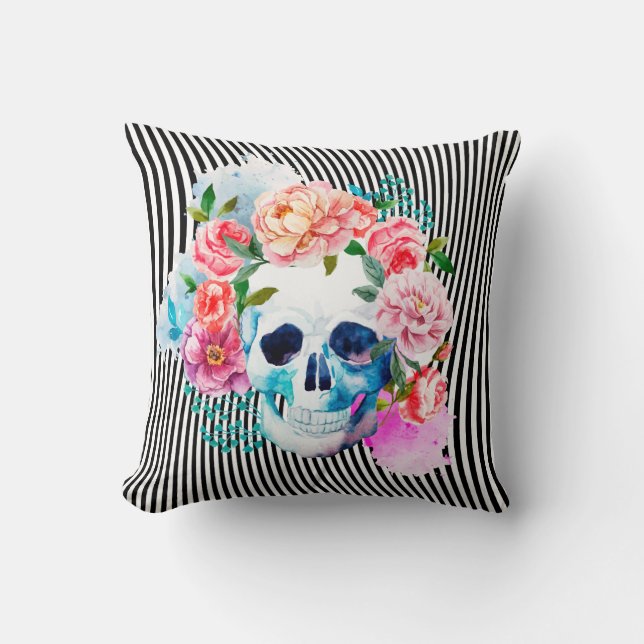 Coussin Crâne floral d'aquarelle avec des rayures (Recto)