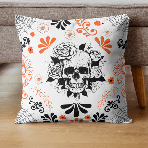 Coussin Crâne gothique et Jeu floral d'Halloween Rose