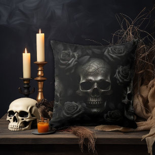 Coussin Crâne gothique foncé et Rose noir - Décor Macabre