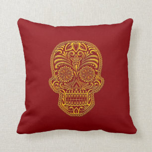 Coussin Crâne jaune complexe de sucre sur le rouge