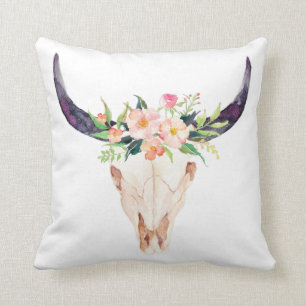 Coussin Crâne rustique de Taureau de fleur rose