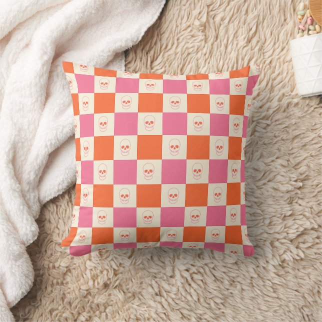 Coussin Crânes de tableau de bord en rose, orange et crème (Couverture)