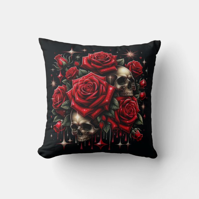 Coussin Crânes dorés et roses rouges scintillent Glamour g (Recto)