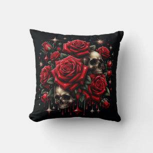 Coussin Crânes dorés & Roses rouges scintillent Glamour go