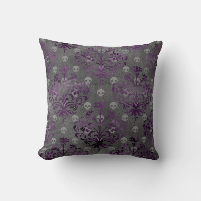 Coussin Crânes et Damas pourpres sur gris (Recto)