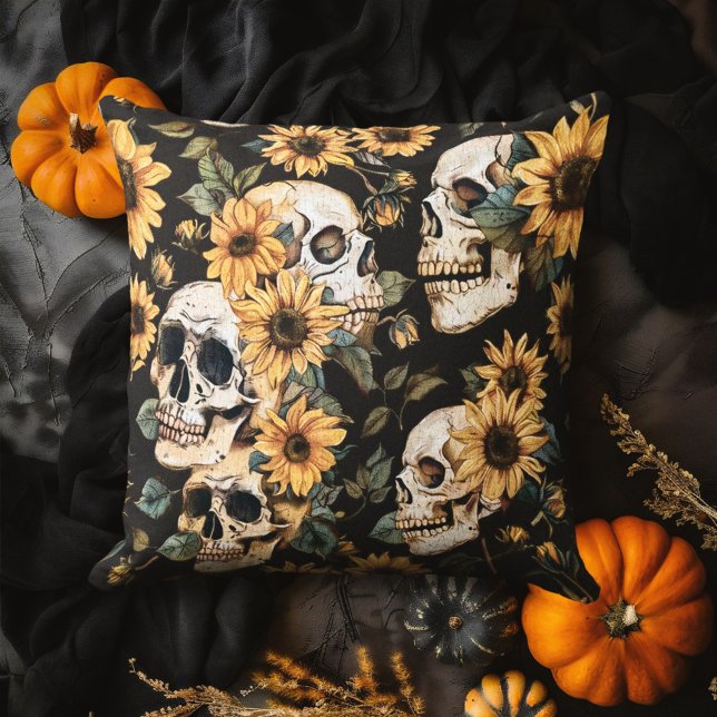Coussin Crânes & Tournesols Été Gothique (Créateur téléchargé)