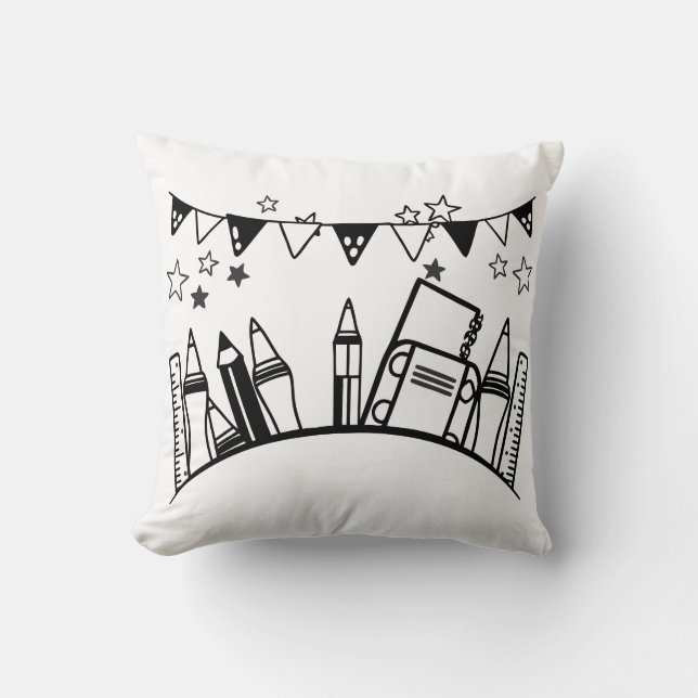 Coussin crayons, règles, effaceurs et livres (Recto)