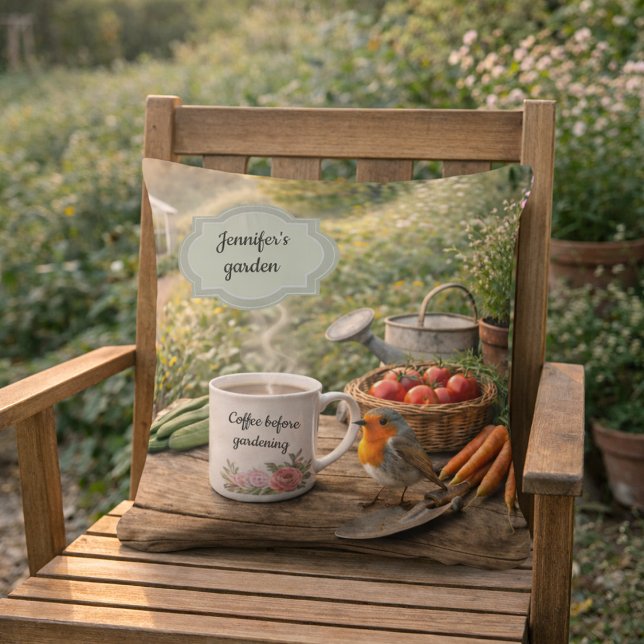 Coussin Create your own coffee before gardenening garden (Create your own coffee before gardenening garden outdoor pillow. You can add your own name and text.)