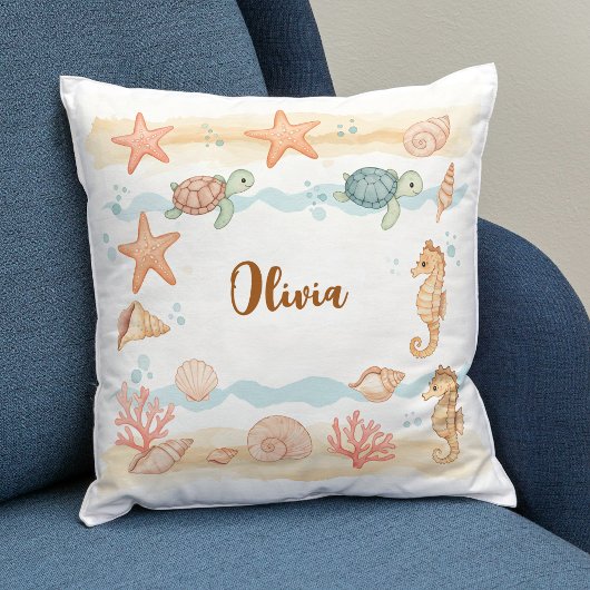 Coussin Créatures marines bébé à l'aquarelle fantaisiste