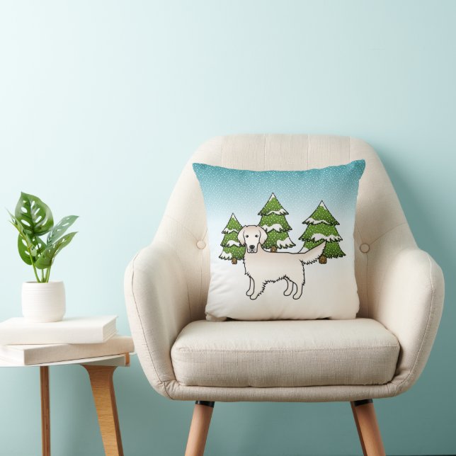 Coussin Crème Anglaise Golden Retriever En Hiver & Arbres (Chaise)