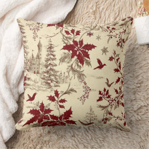 Coussin Crème Antique Bourgogne Hiver Oiseaux Floral de Ho