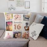 Coussin Crème beige photo collage Sweet 16<br><div class="desc">Un cadeau unique pour une fille de Sweet 16, 16e anniversaire, célébrant sa vie avec un collage de 8 de vos propres photos, photos. Personnalisez et ajoutez son nom et une date. Arrière - plan beige crème. Le nom est écrit avec un script de style moderne écrit à la main,...</div>