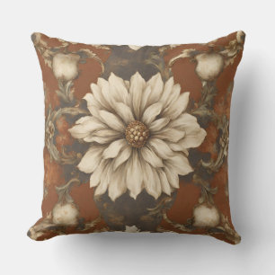 Coussin Crème Brun Rouille Baroque Floral