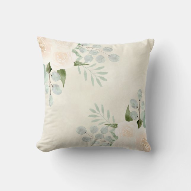 Coussin Crème d'ivoire Roses et Feuilles Eucalyptus (Recto)