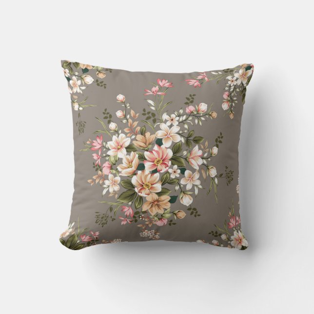 Coussin Crème, fleurs roses sur gris. (Recto)