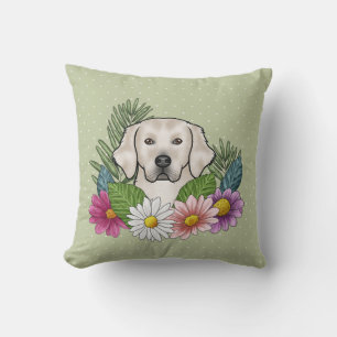 Coussin Crème Golden Retriever Fleurs colorées Vert