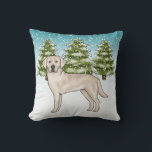 Coussin Crème Labrador Retriever Blue Winter Christmas<br><div class="desc">Illustration originale de Destei d'un mignon chien de race Labrador Retriever,  crème anglaise. Le chien est placé dans une scène hivernale avec trois sapins verts et la chute de neige. L'arrière - plan est un dégradé bleu à blanc qui donne un aspect froid d'hiver.</div>