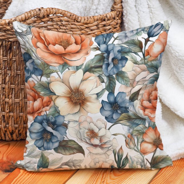 Coussin Crème orange brûlée Aquarelle bleu Dusty Floral (Créateur téléchargé)