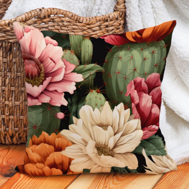 Coussin Crème Orange Rose Succulente Florale Cactus Noir (Cactus and pink, cream, and burnt orange floral pillow)