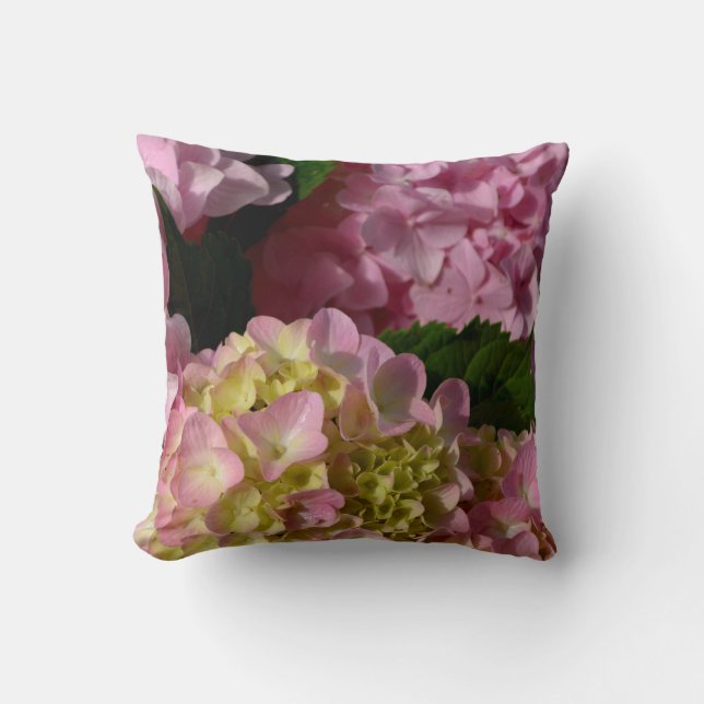 Coussin Crème rose Hydrangeas jaune rose vert floral (Recto)