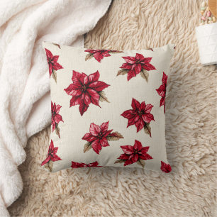 Coussin Crème Rouge Poinsettia Floral Noël