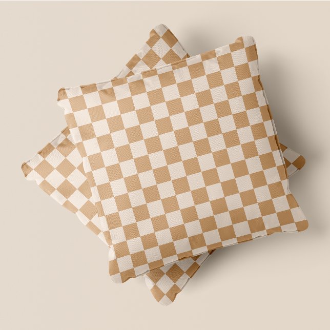 Coussin Crème rustique chic & Tan Checkers (Rustic Chic Cream & Tan Checkers Throw Pillow)